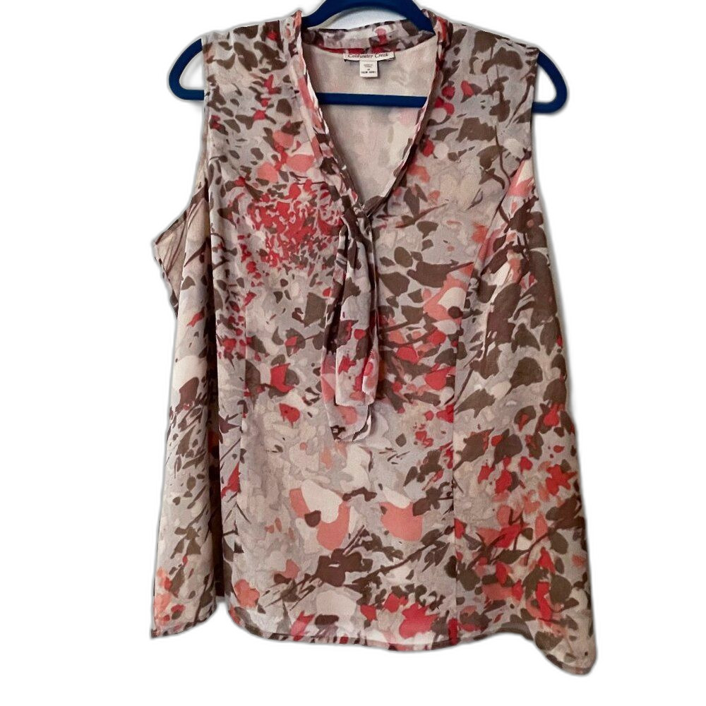 Coldwater Creek Top Size 1X (16-18) Beige Red/Coral Sleeveless Tie Neck